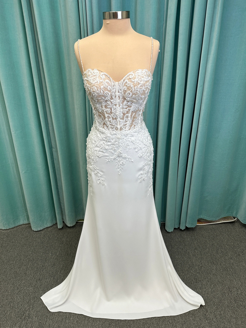 Liena Sweetheart Spaghetti Strap Lace Applique Illusion Corset Wedding Dress Sz